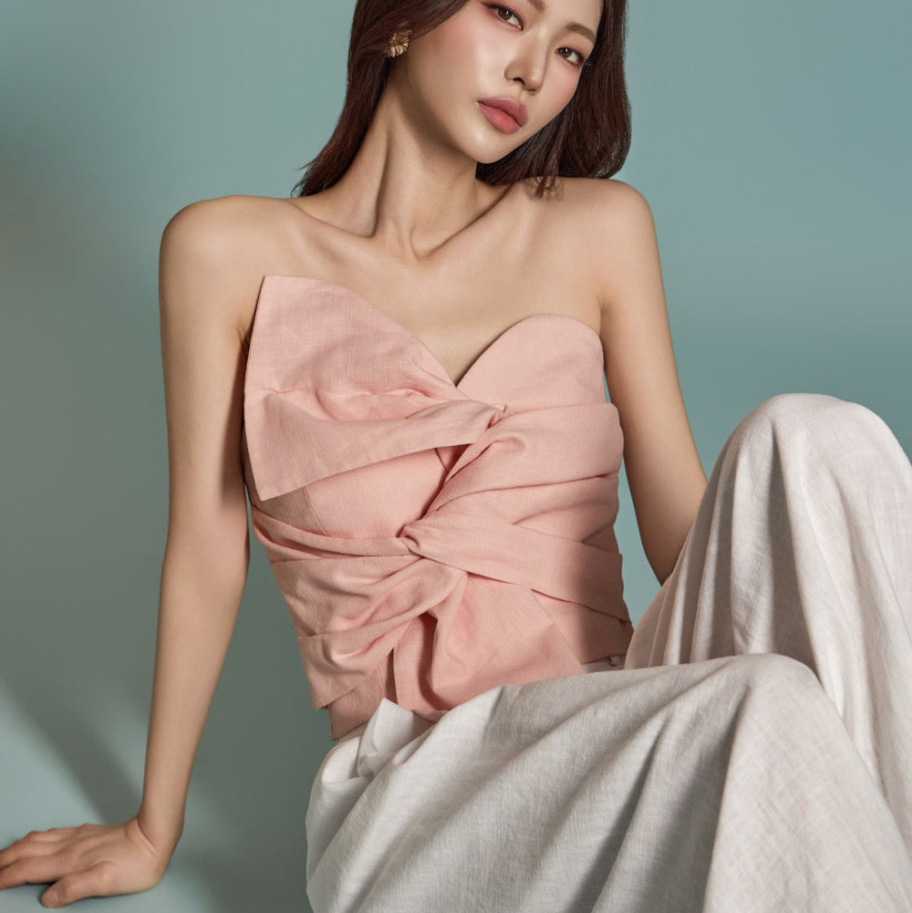 B9157 Ramie Ribbon Twist Tube Top Crop Blouse - Image 2