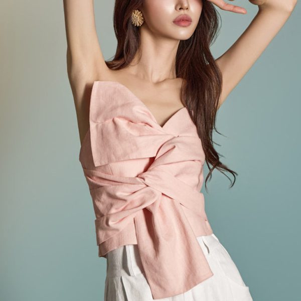 B9157 Ramie Ribbon Twist Tube Top Crop Blouse