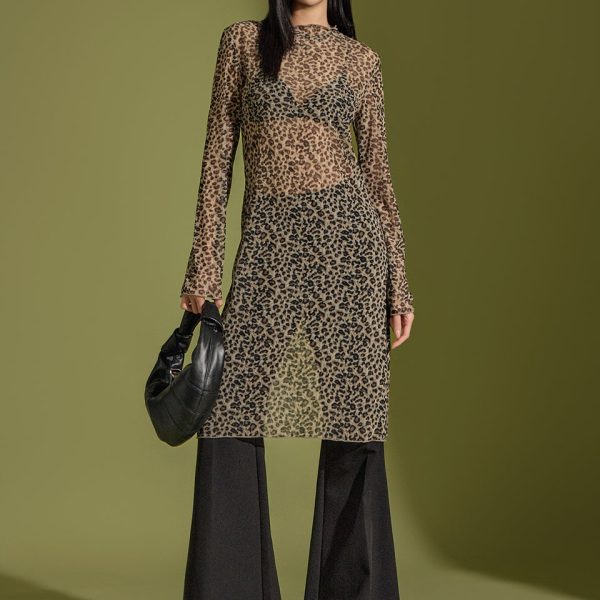 D5078 Leopard Pattern Sheer Dress