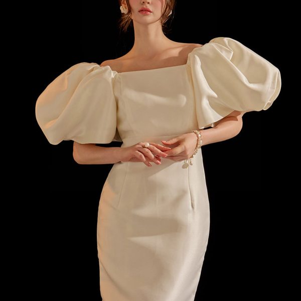 D9303 Big Puff Slim Long Dress