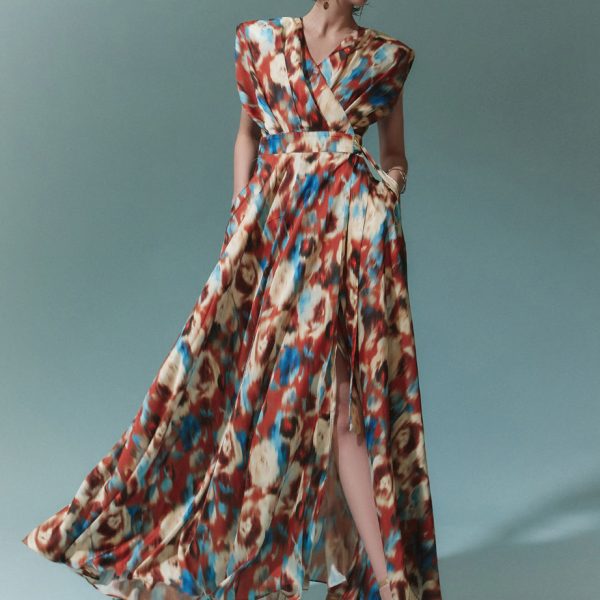 D9432 Tie-dye Sleeveless Wrap Long Dress