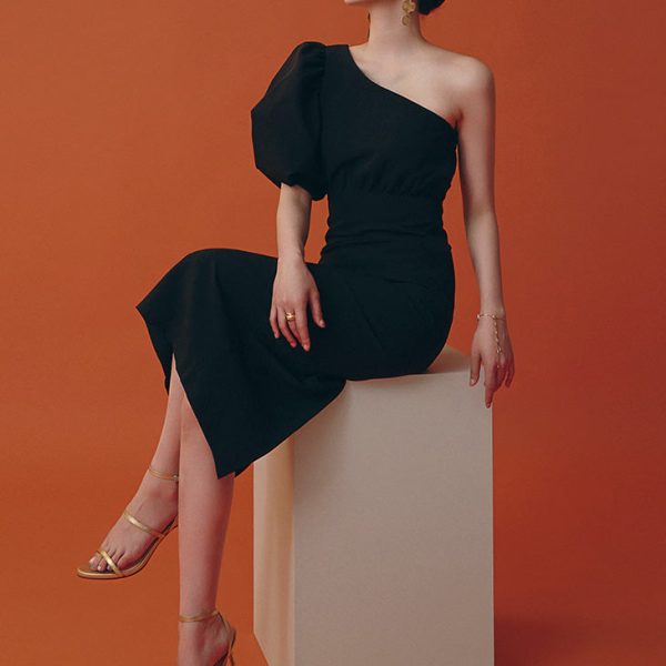 D9145 One Shoulder Puff Midi Dress