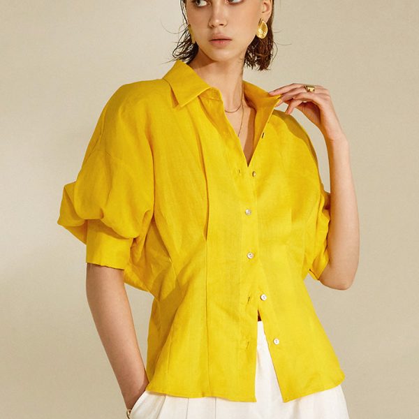 S384 Linen Puff Detailed Collar Shirt