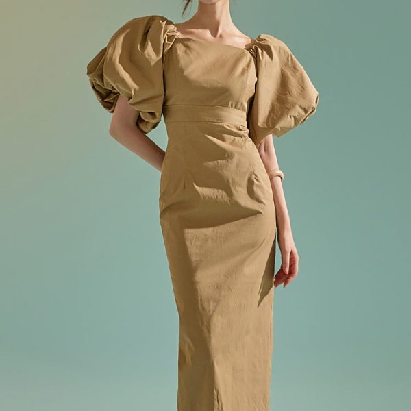 D9451 Big Puff Sleeve Midi Dress