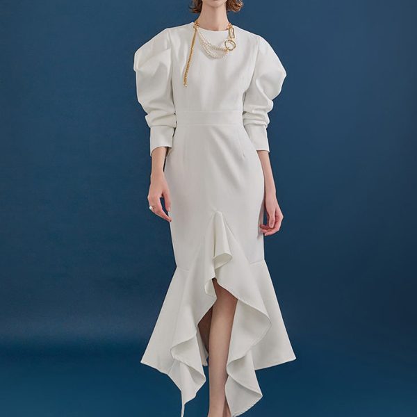 D9285 Puff Sleeve Slim Ruffle Point Unbalance Dress