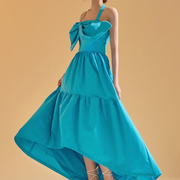D9450 Halter Neck Dress with Ribbon