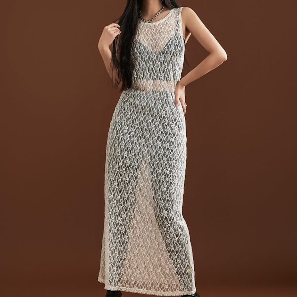 D4832 Sheer Lace Layering Long Dress