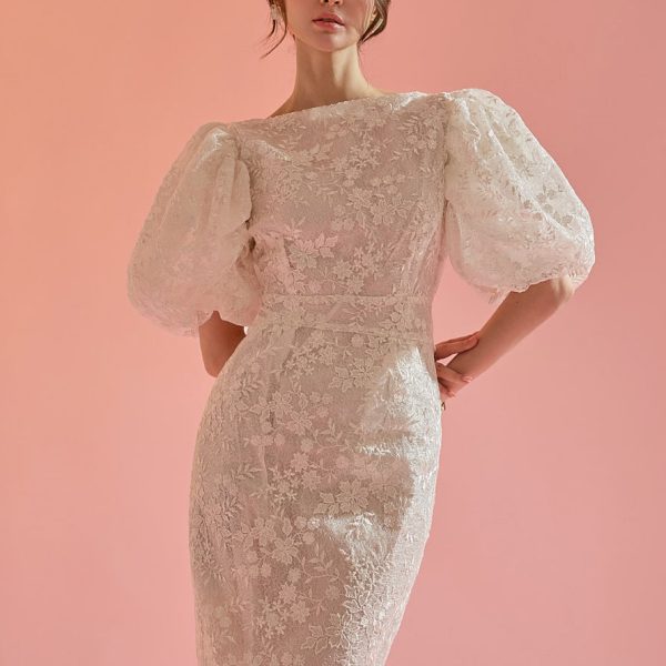 D9328 Lace Puff Slim Midi Dress