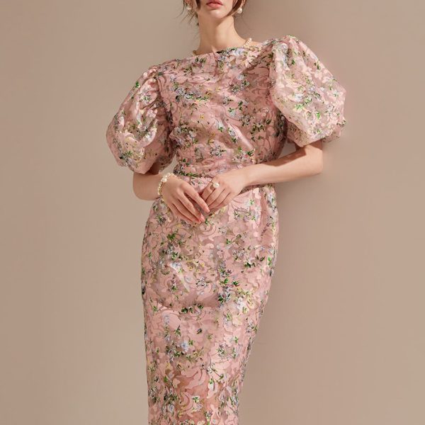 D9082 Floral Puff Slim Midi Dress*LARGE Size Available*