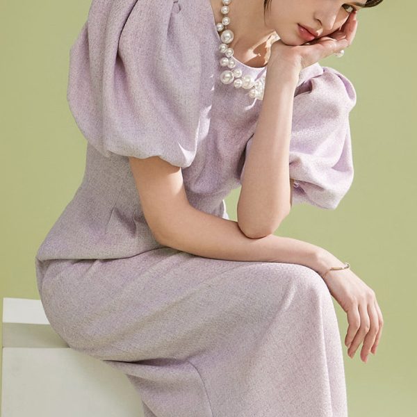 D4909 Puff Sleeve Slim Midi Dress