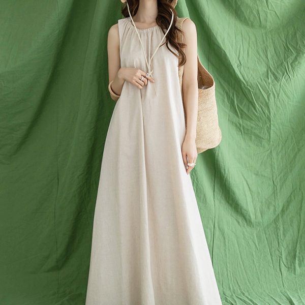 D4245 Linen Shirring Long Dress